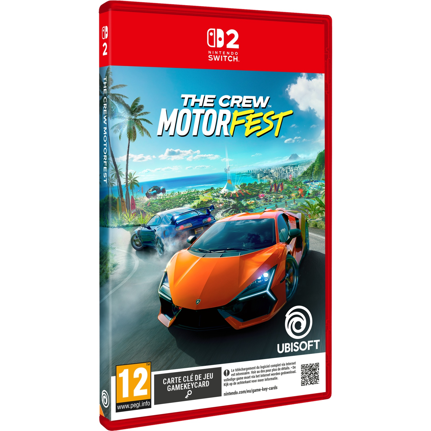 Nintendo Switch spel "The Crew Motorfest" hoes met twee raceauto's op tropische weg.