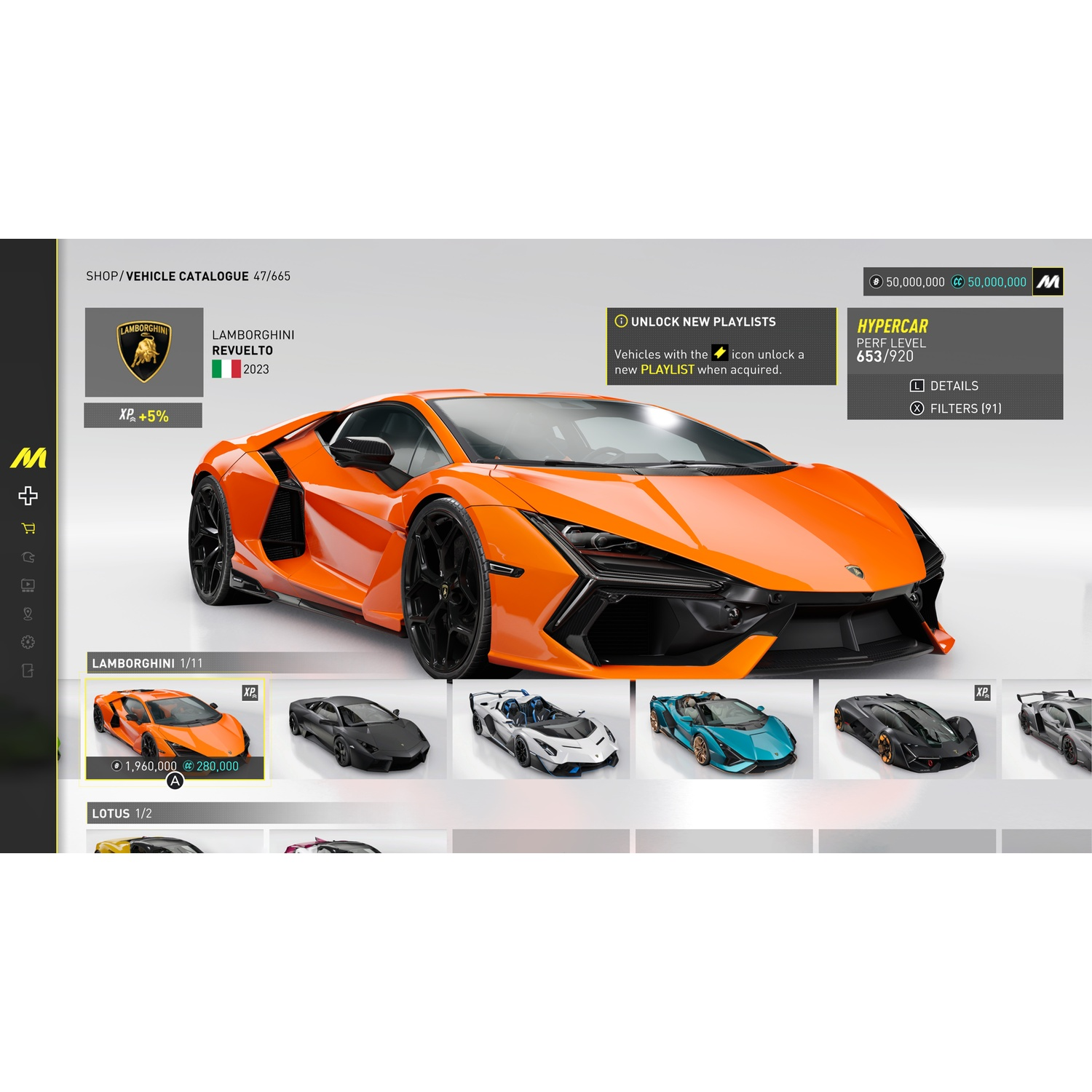 Een oranje 2023 Lamborghini Revuelto in een catalogus. Andere auto's staan ernaast.