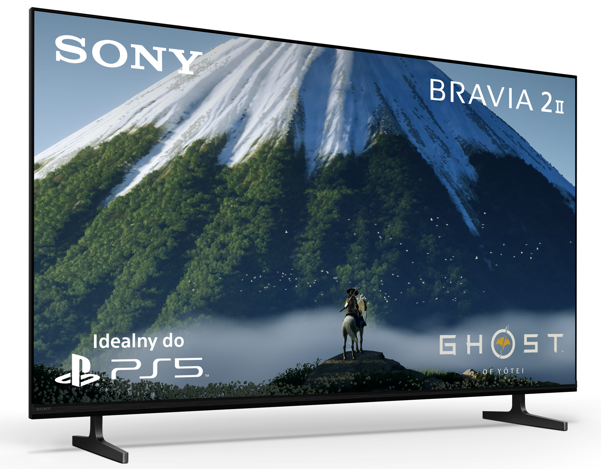 Telewizor Sony Bravia 2 wyświetla Ghost of Yotei: jeździec przed ośnieżoną górą.