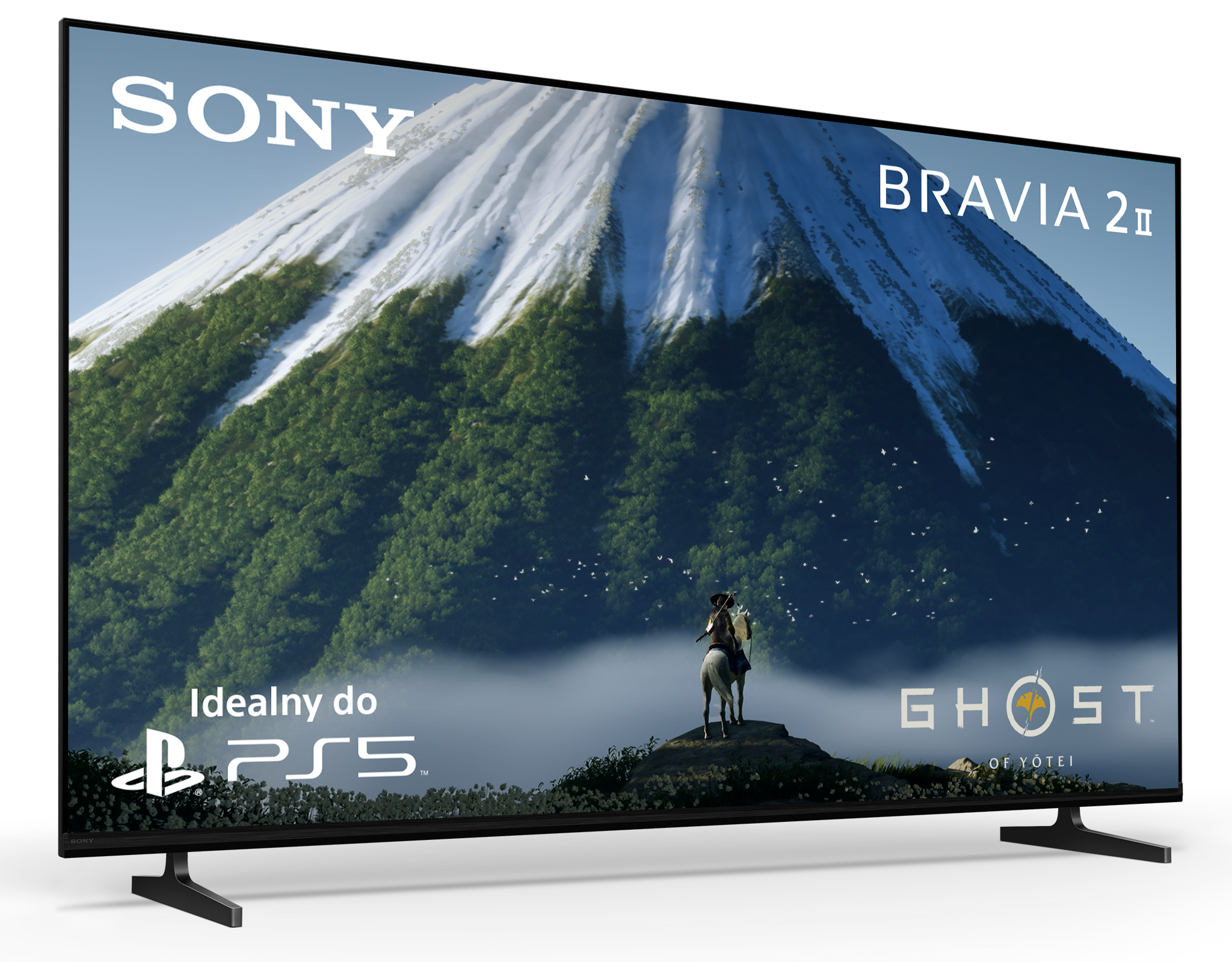 Telewizor Sony Bravia pokazuje scenę gry: Jeździec na koniu przed ośnieżoną górą.