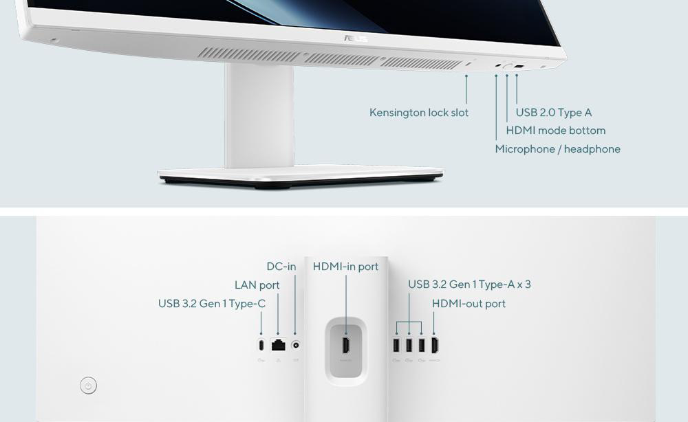 Monitoranschlüsse: Kensington-Slot, USB-A, HDMI, Mikrofon/Kopfhörer, DC-in, LAN, USB-C, HDMI-out.