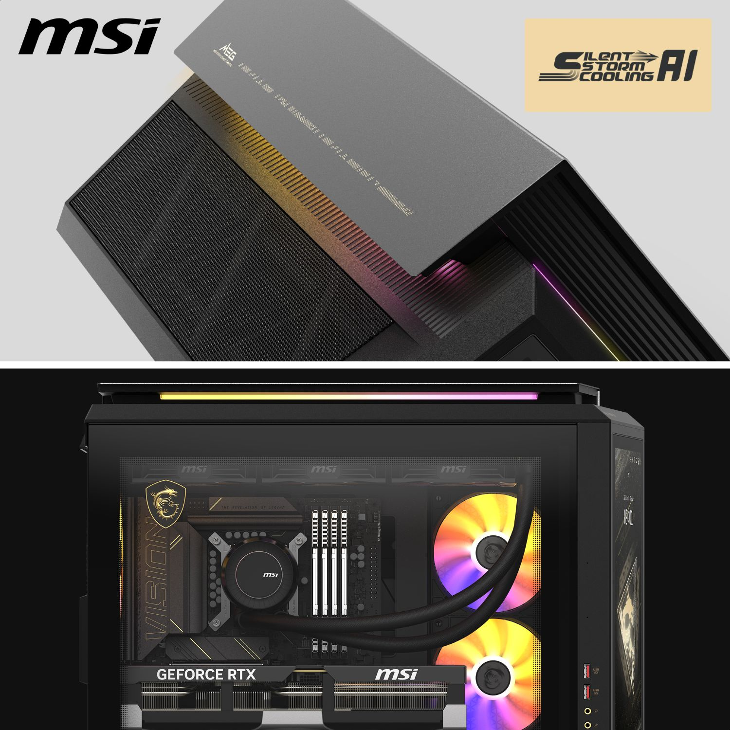 MSI Gaming PC mit RGB-Lüftern, GeForce RTX und Silent Storm Cooling AI.
