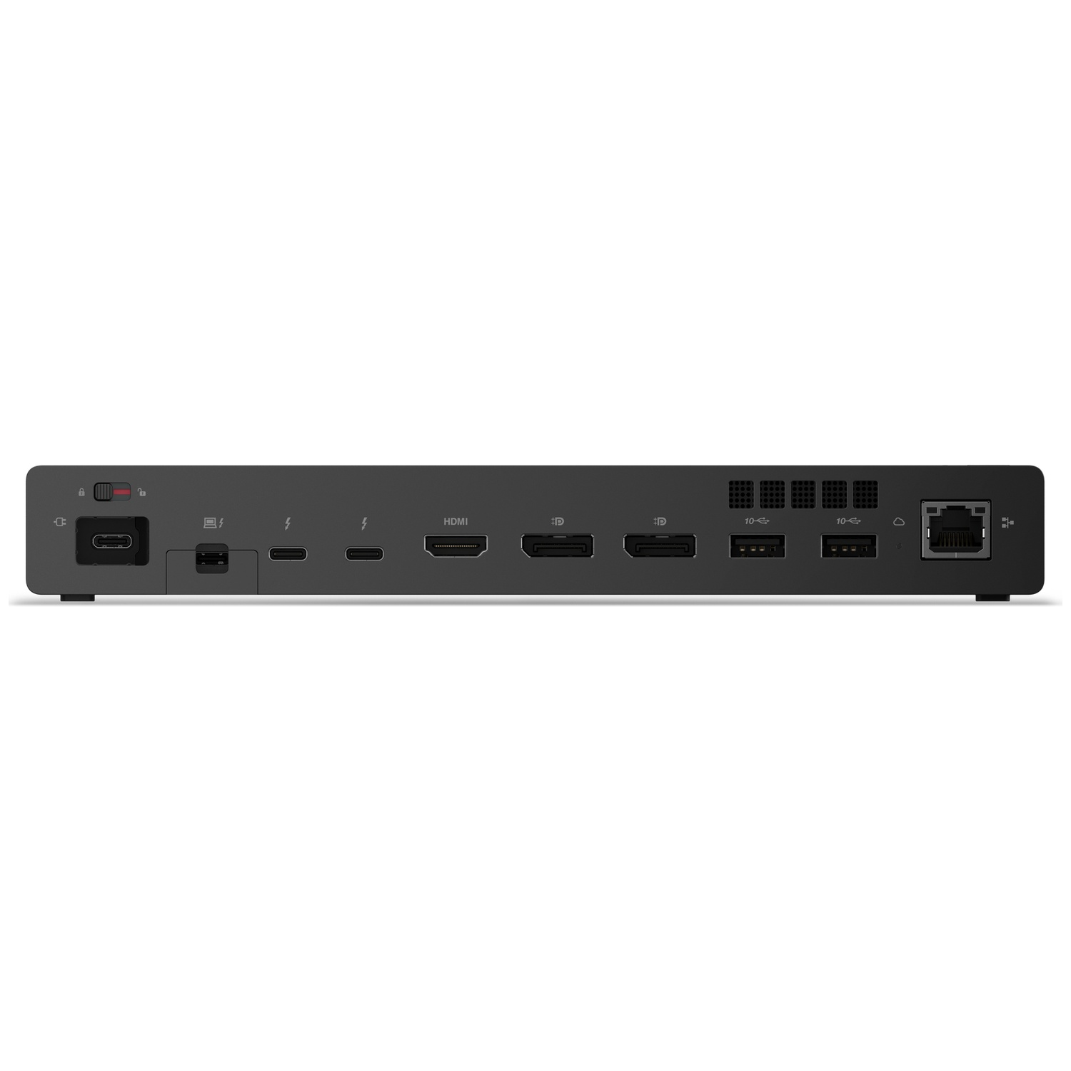 Achterkant van een zwart dockingstation met USB-C, HDMI, Thunderbolt en Ethernet poorten.