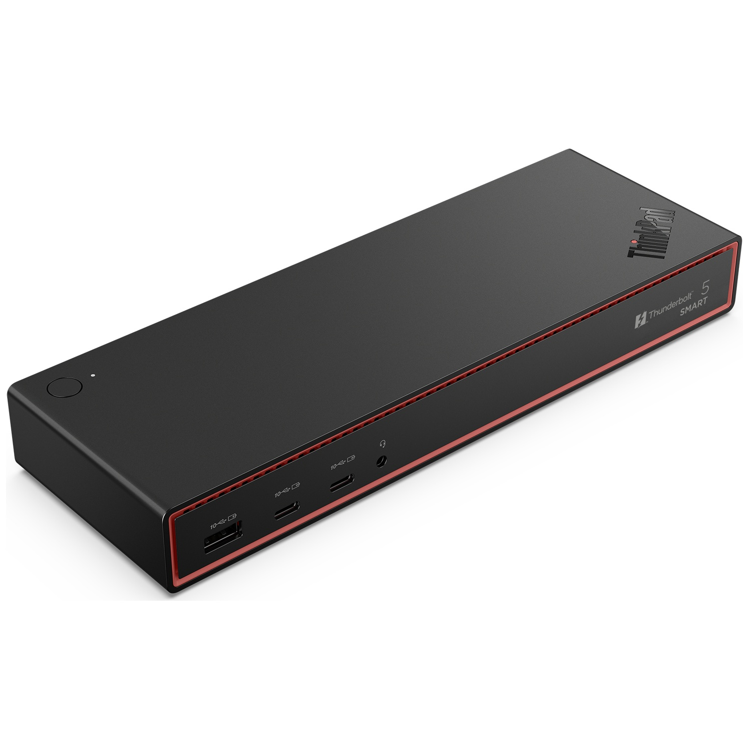 Zwarte Lenovo docking station met rode rand en poorten.
