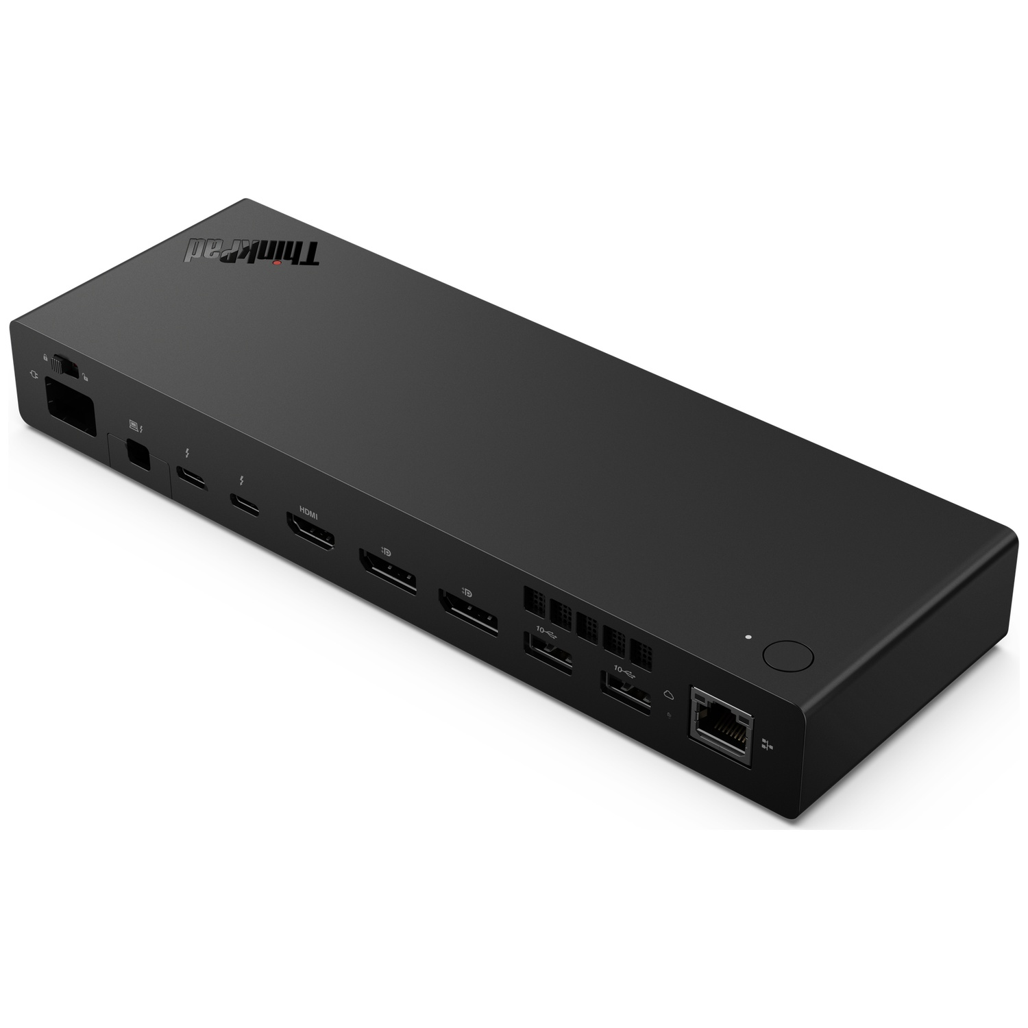 Zwarte ThinkPad docking station met meerdere poorten: USB-C, HDMI, Ethernet en meer.