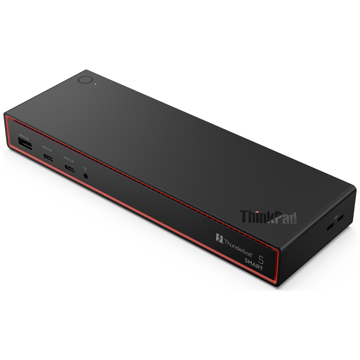 Zwarte Lenovo ThinkPad Thunderbolt 5 Smart Dock met rode accenten en poorten.