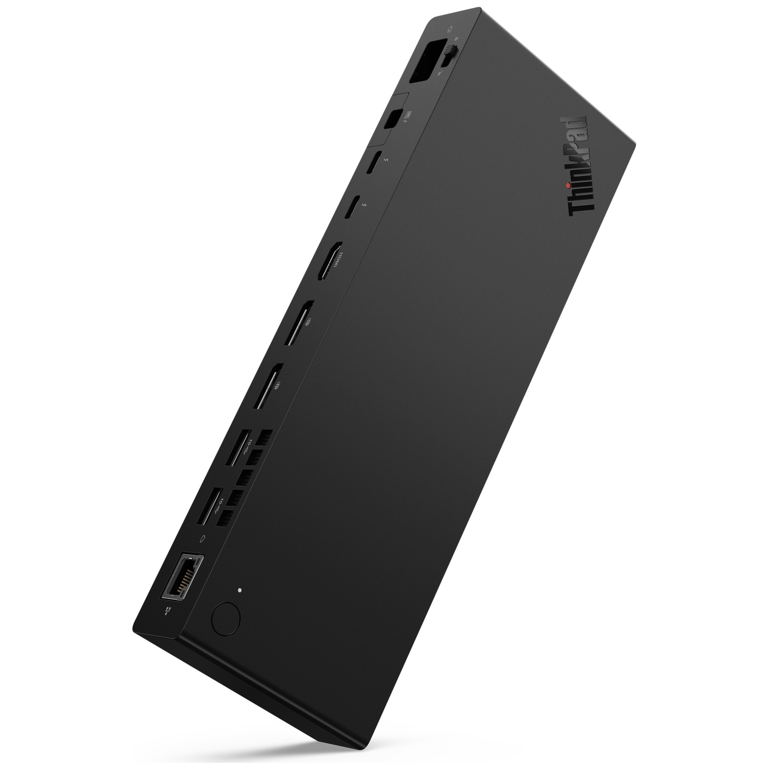 Zwarte ThinkPad docking hub met meerdere poorten, op witte achtergrond.