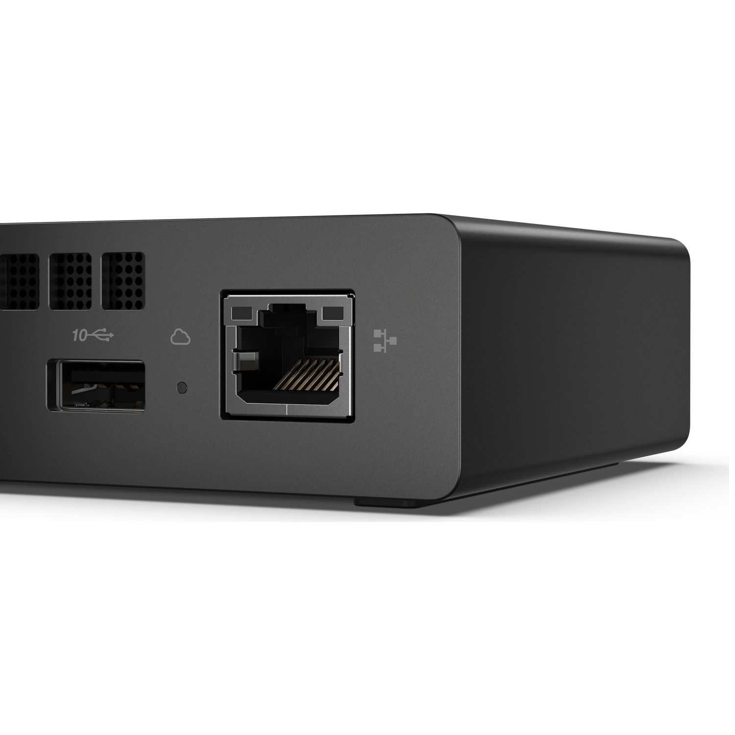 Zwart technisch apparaat met Ethernet- en USB-poort.