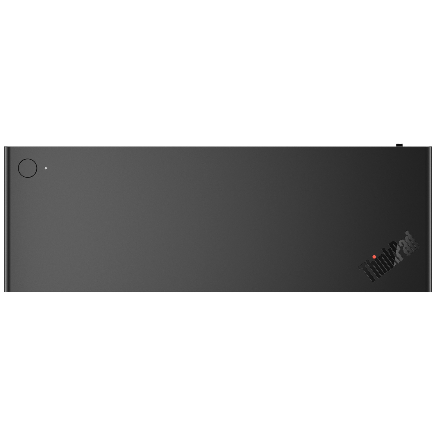 Een zwarte ThinkPad laptop van bovenaf gezien, met een cirkel en een punt.
