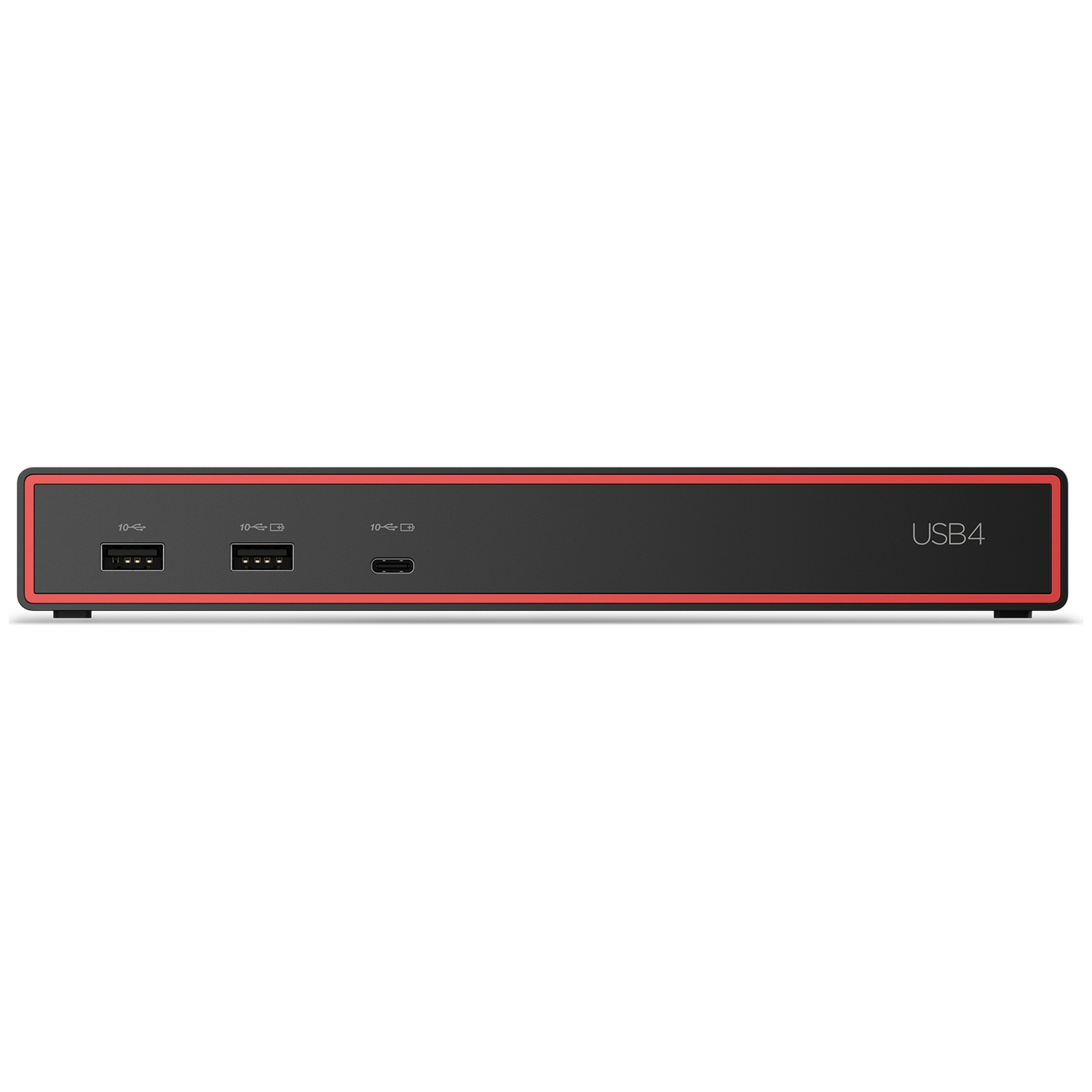 Zwart USB4-apparaat met twee USB-A en één USB-C poort.