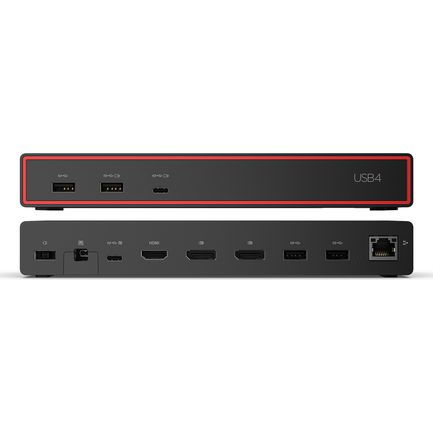 Zwarte USB4-hub met rode accenten en meerdere poorten.