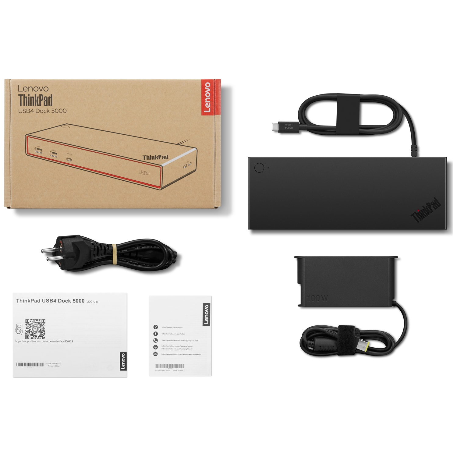 Lenovo ThinkPad USB4 Dock 5000 met accessoires: dockingstation, adapter, kabel en handleidingen.