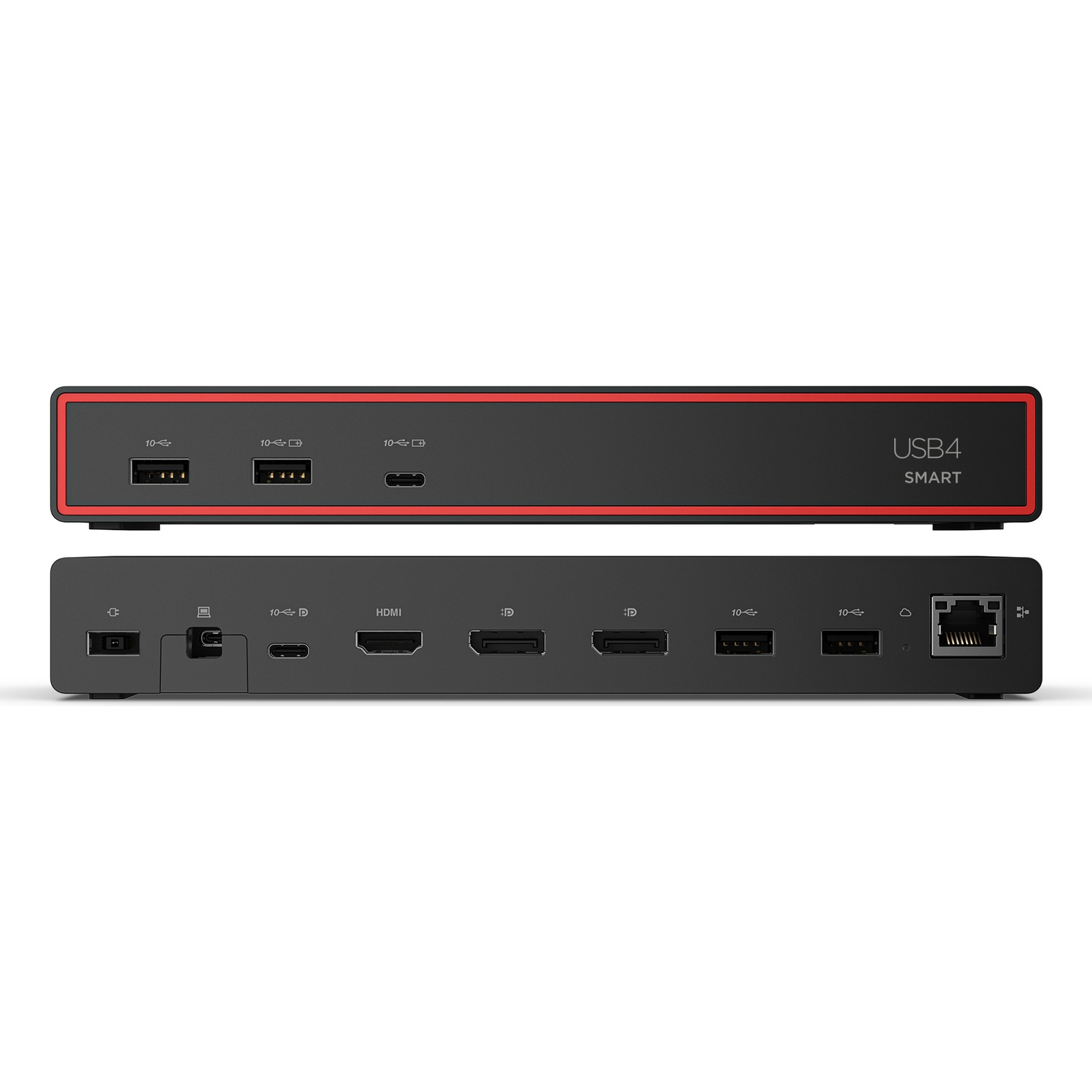 Zwarte USB4-hub met rode rand toont poorten: 2 USB-A, 1 USB-C, 1 HDMI, 1 DisplayPort, 1 LAN.