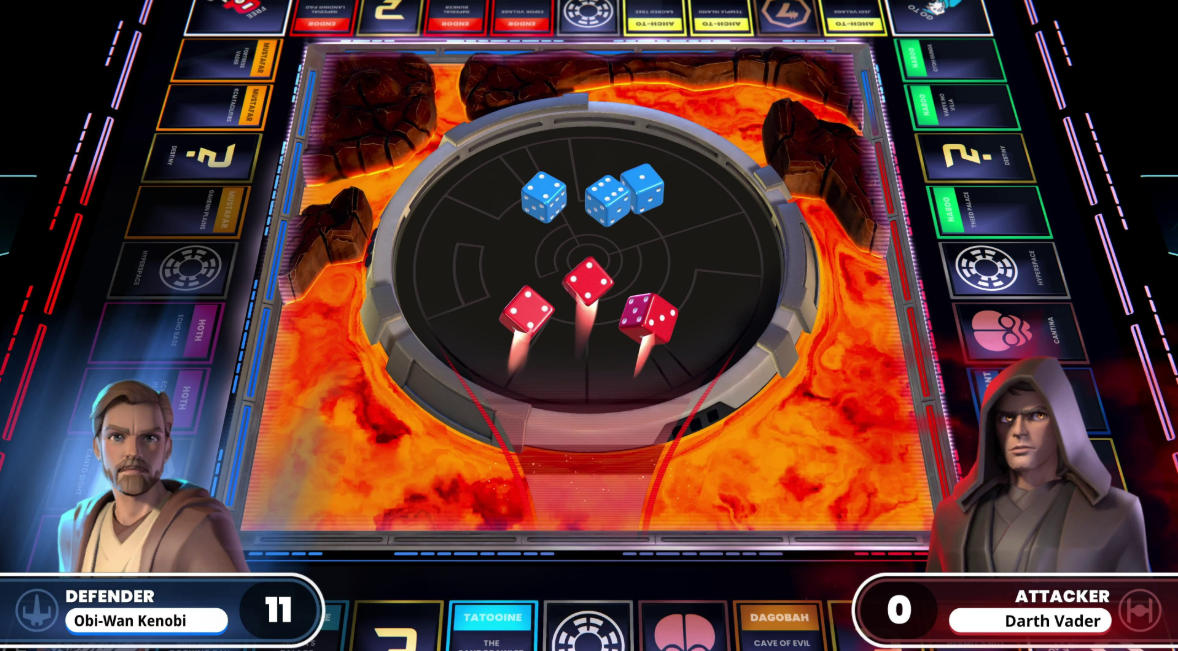 Juego de mesa Star Wars con Obi-Wan y Darth Vader, dados en campo de lava.