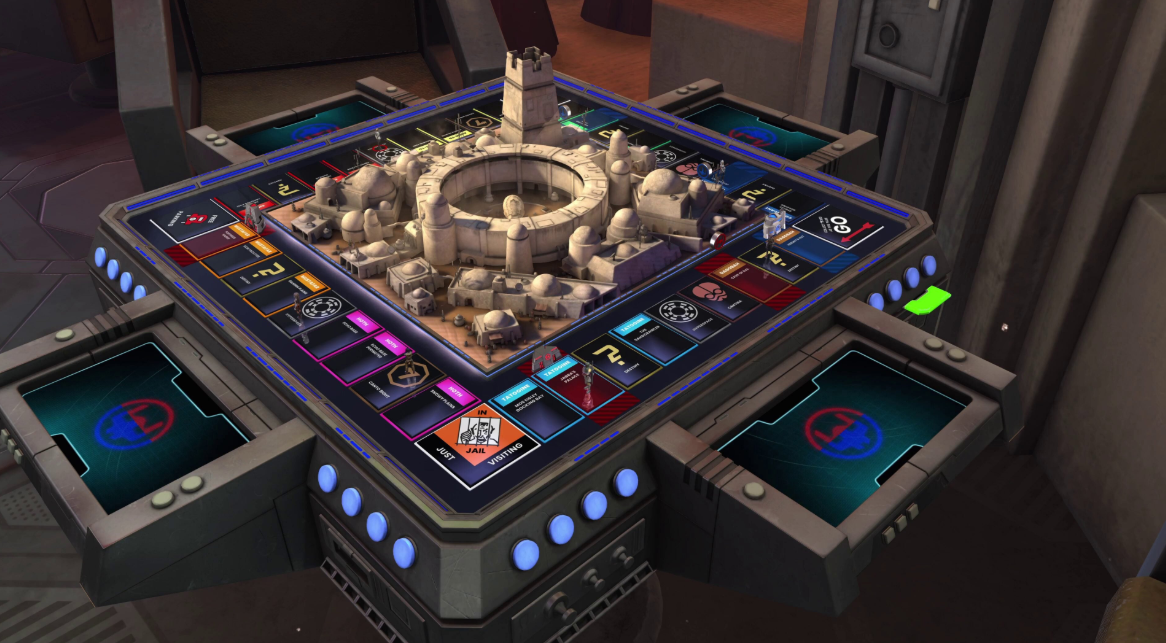 Juego de mesa de Star Wars con diseño futurista. Edificios y piezas de juego visibles.