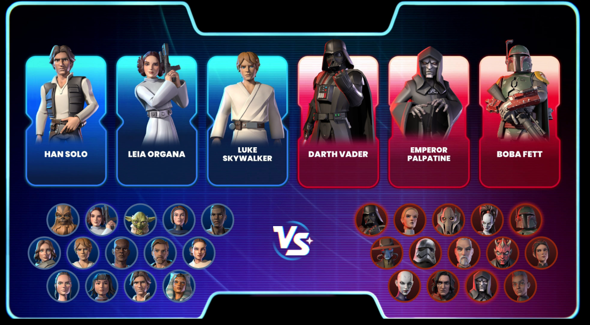 Personajes de Star Wars: Han Solo, Leia, Luke, Vader, Palpatine, Boba Fett y otros.