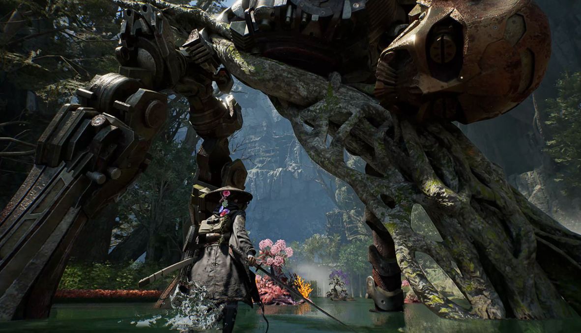 Una figura con atuendo y sombrero se para en un estanque frente a un robot gigante similar a un árbol.