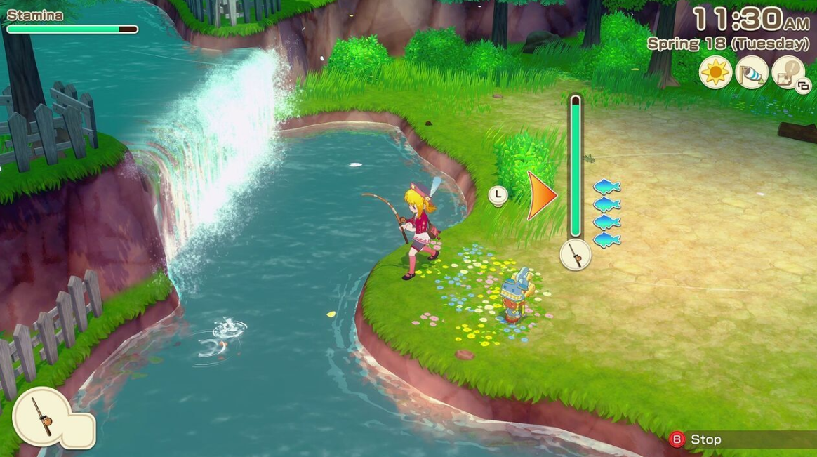 Un personaje pesca junto a una cascada, rodeado de naturaleza verde y flores.