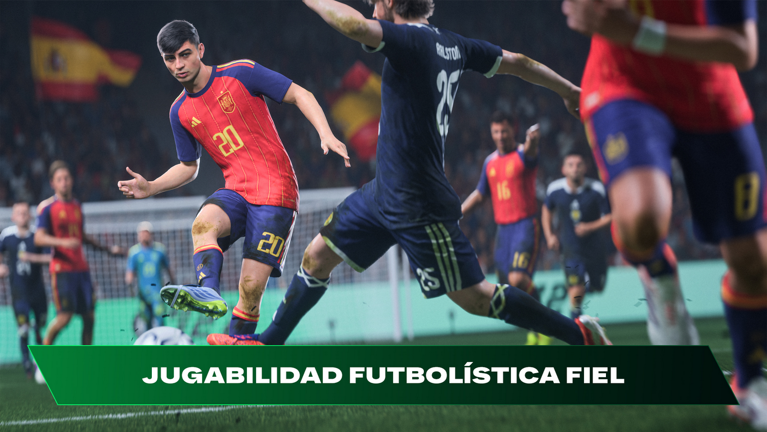 Jugadores de fútbol con camisetas rojas y azules juegan en un campo. Una bandera española es visible.