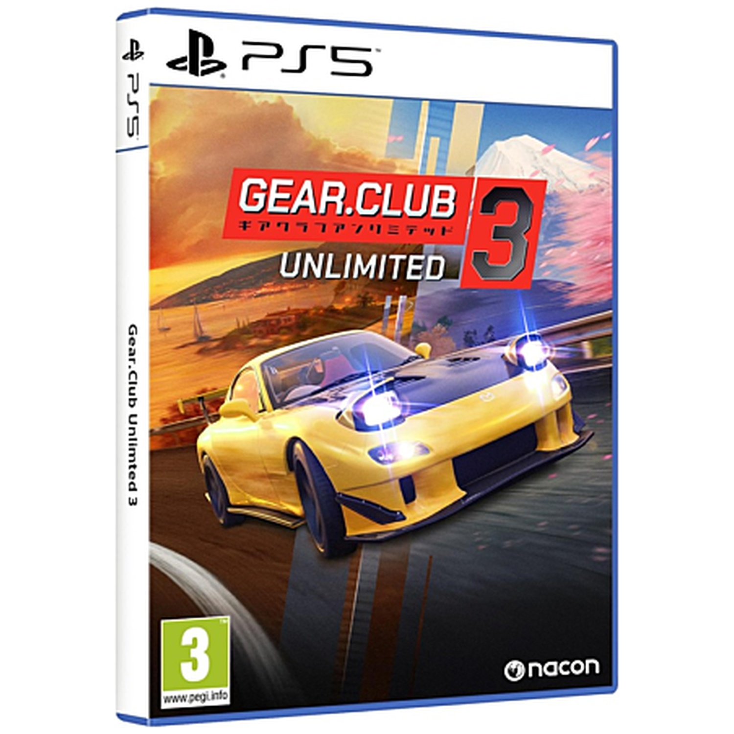 PlayStation 5 gamehoes met gele sportwagen en berg op de achtergrond.
