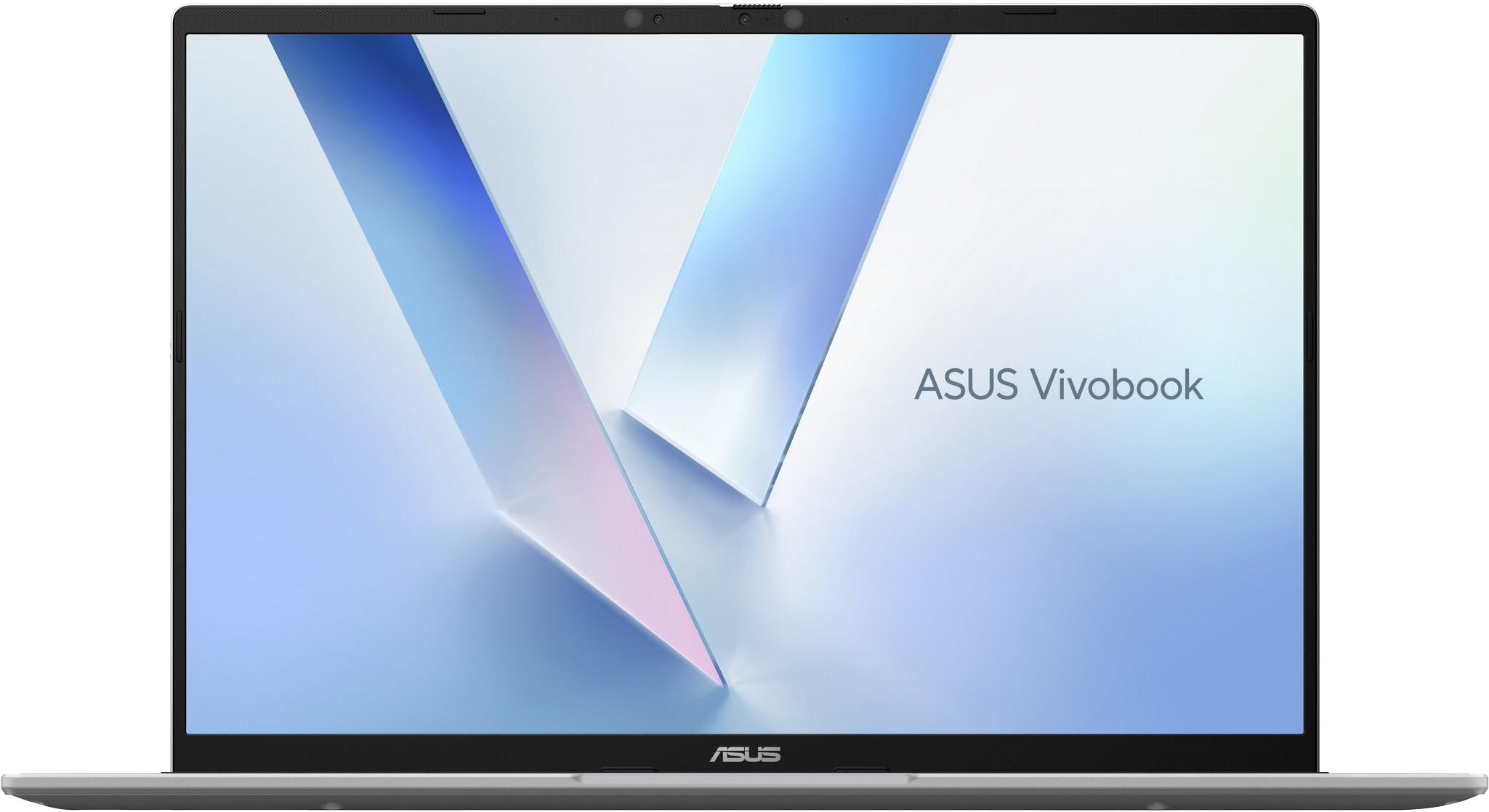 Ezüst Asus Vivobook laptop stilizált V-vel a képernyőn.