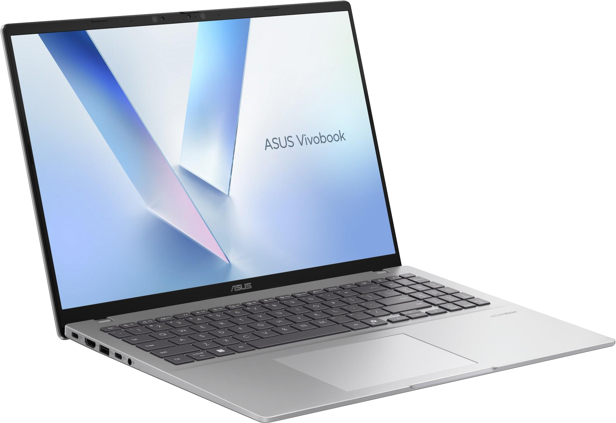 Egy ezüst ASUS Vivobook laptop nyitva, absztrakt asztali háttérrel.