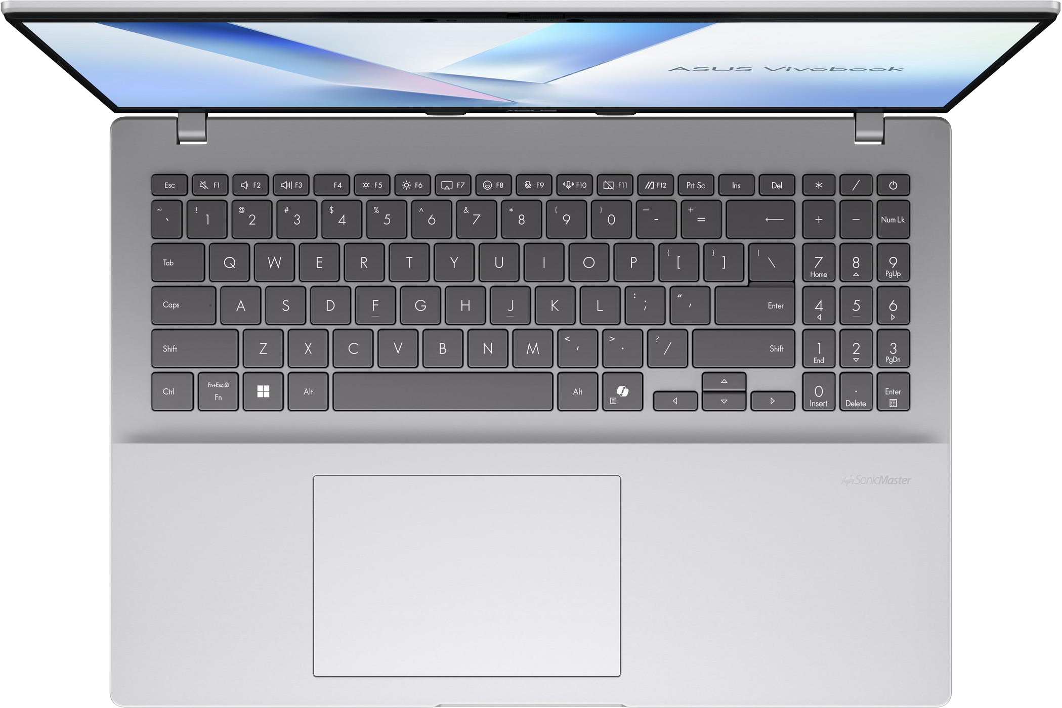 Ezüst laptop nyitott képernyővel, billentyűzettel és érintőpaddal.