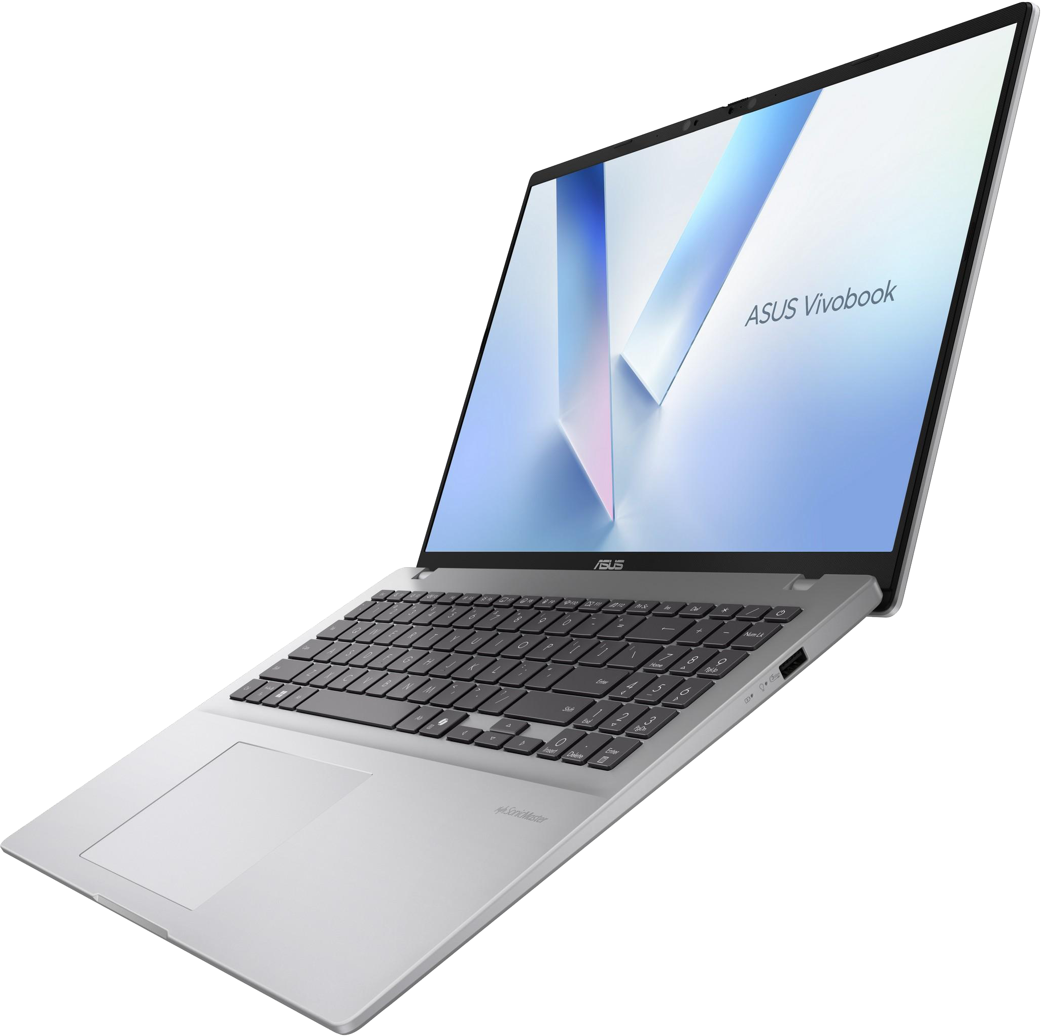 Egy nyitott, ezüst színű ASUS Vivobook laptop fekete háttéren.