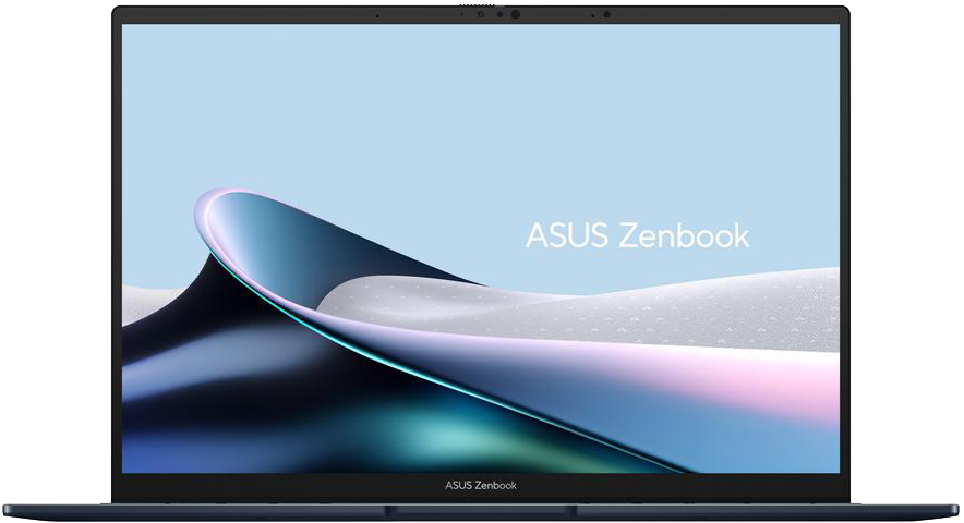 Egy sötét ASUS Zenbook laptop színes, stilizált háttérrel a képernyőn.