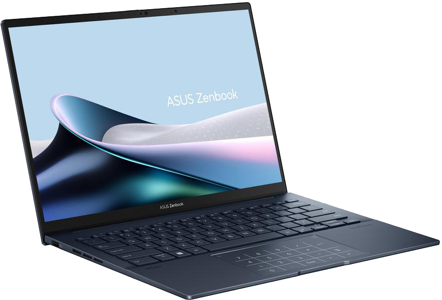 Egy nyitott, sötétkék Asus Zenbook laptop billentyűzettel és érintőpaddal.