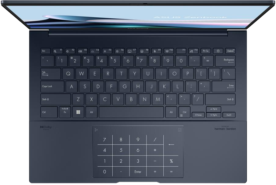 Sötétkék laptop világító billentyűzettel és számbillentyűzetes érintőpaddal.