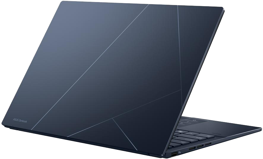 Sötétkék laptop geometrikus mintával a fedélén, félig nyitva.
