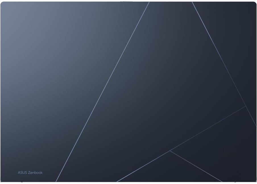 Sötétszürke háttér geometriai vonalakkal és ASUS Zenbook logóval.