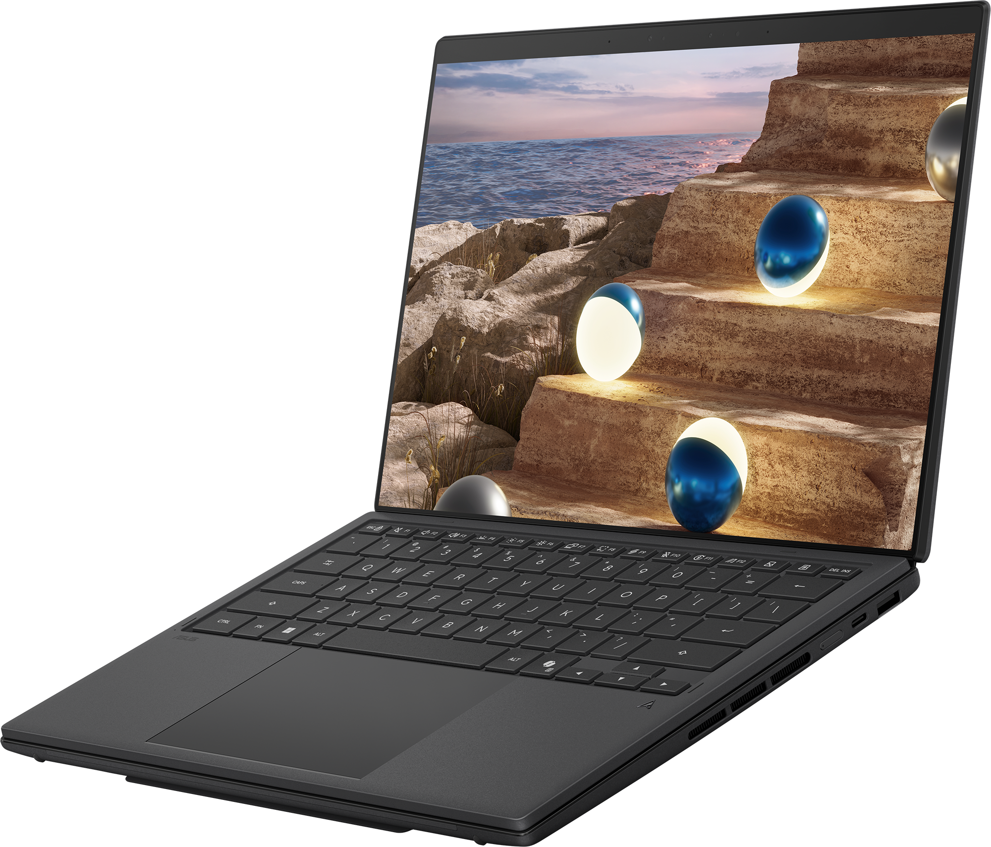 Egy laptop szürrealista jelenetet jelenít meg lépcsőkkel, üveggömbökkel és tengerrel.