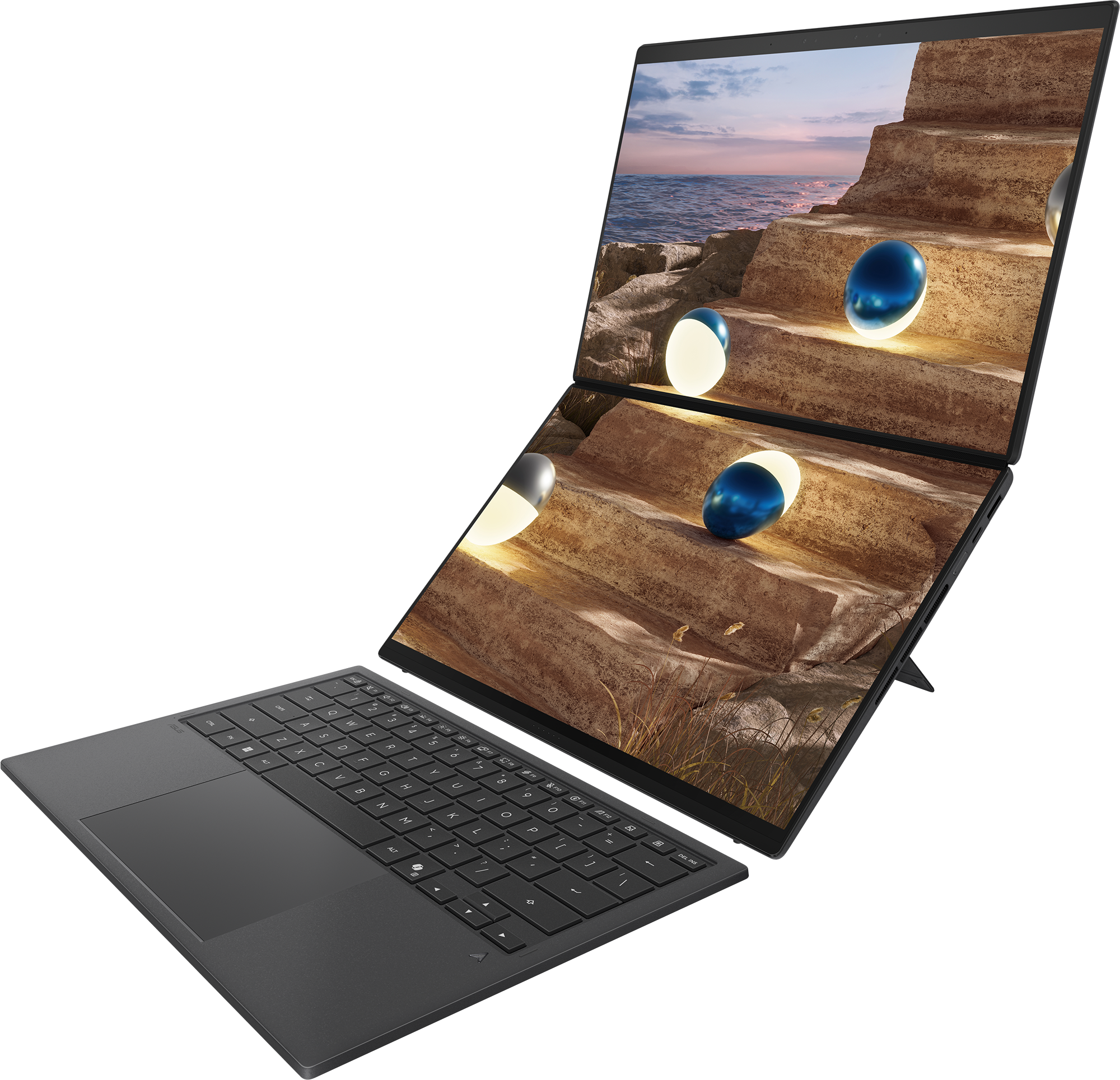 Egy sötét, kétképernyős laptop tájat mutat kőlépcsőkkel és világító gömbökkel.