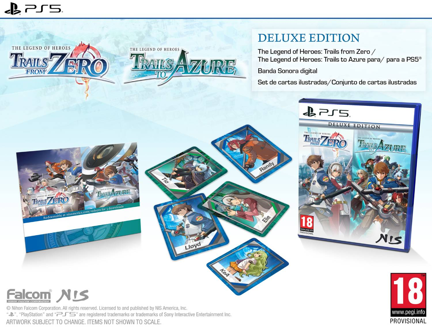 Edición Deluxe PS5 con caja del juego, cartas de personajes y código de descarga.