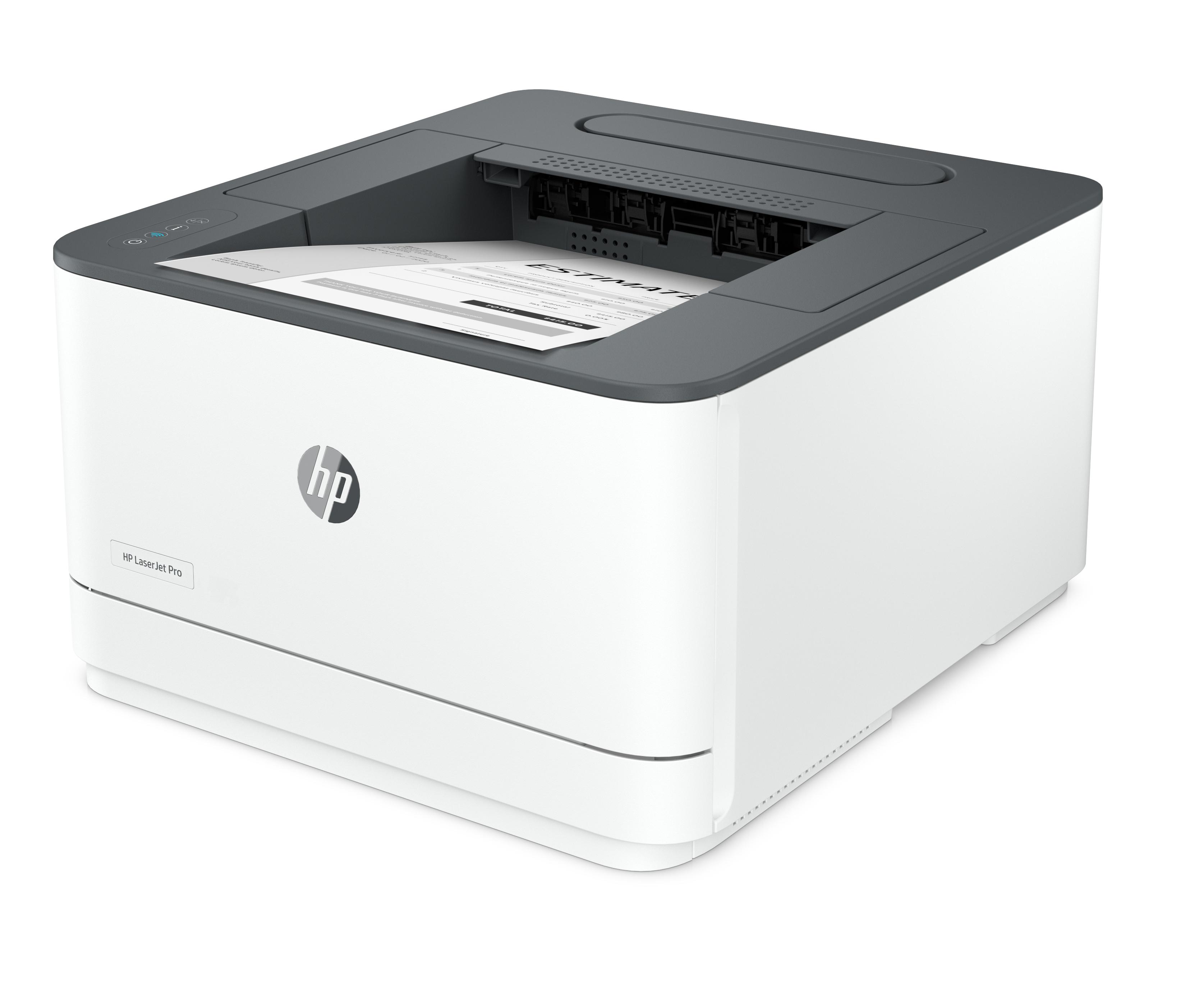 Belgenin çıktığı tepsinin dışına çıkan beyaz bir HP LaserJet Pro yazıcı.