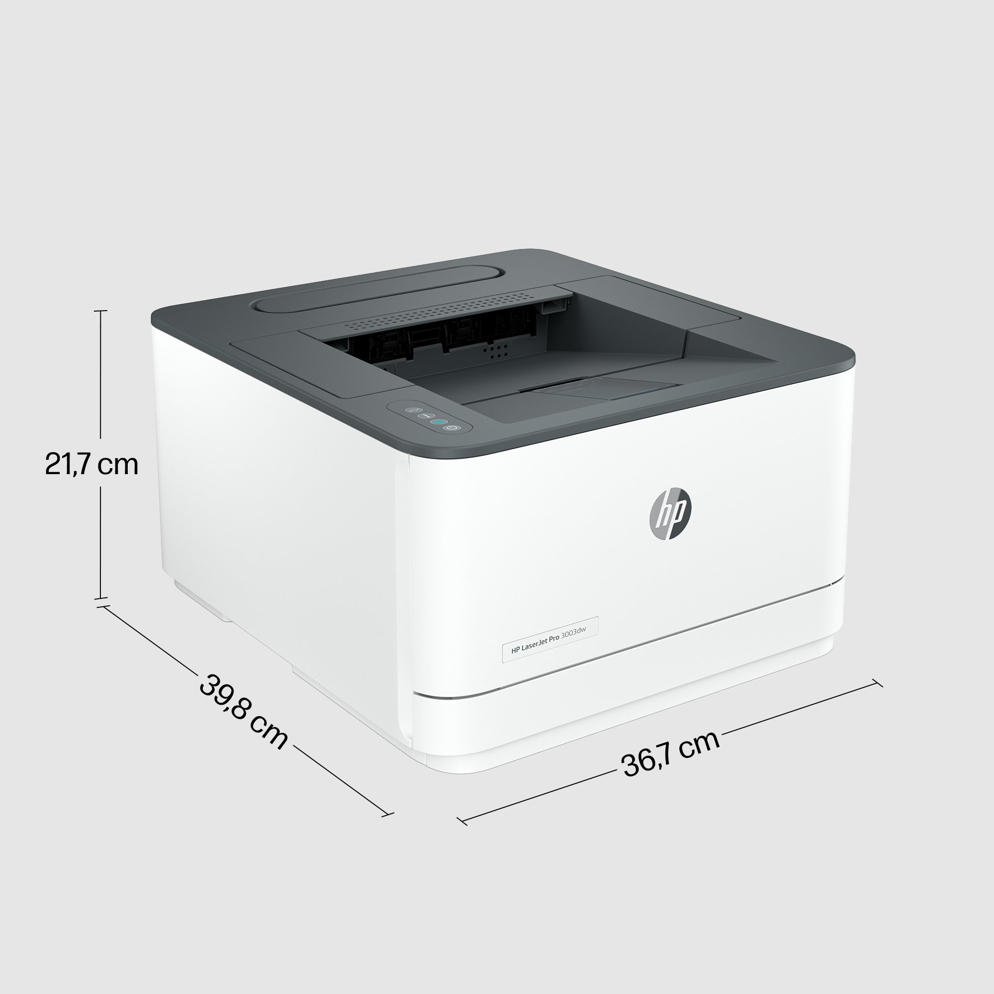 Boyutları gösterilen gri üstlü beyaz bir HP lazer yazıcı.