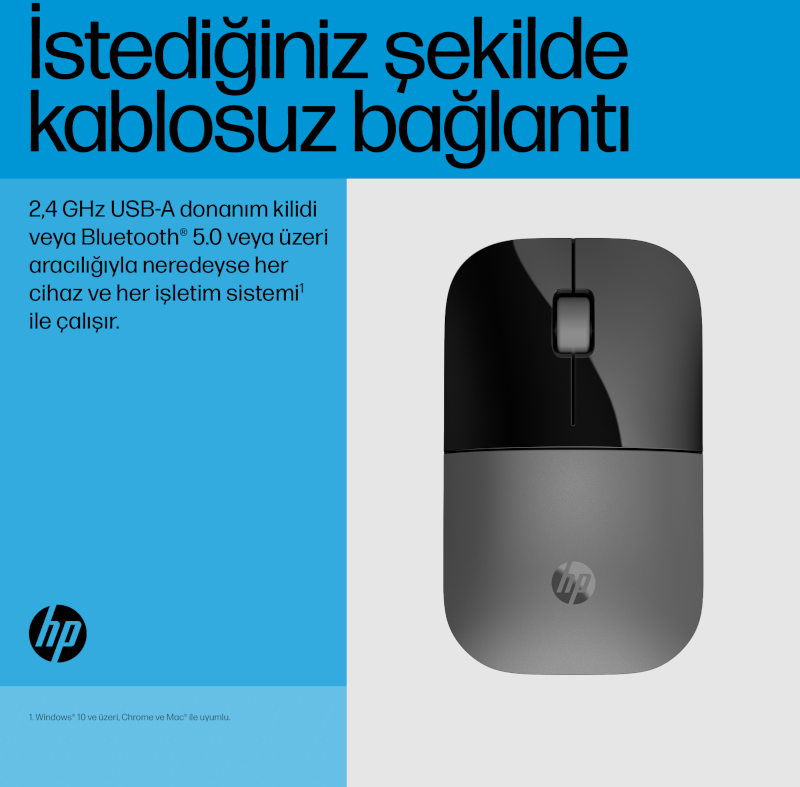 Mavi arka plan üzerinde metinli gri ve siyah HP fare.