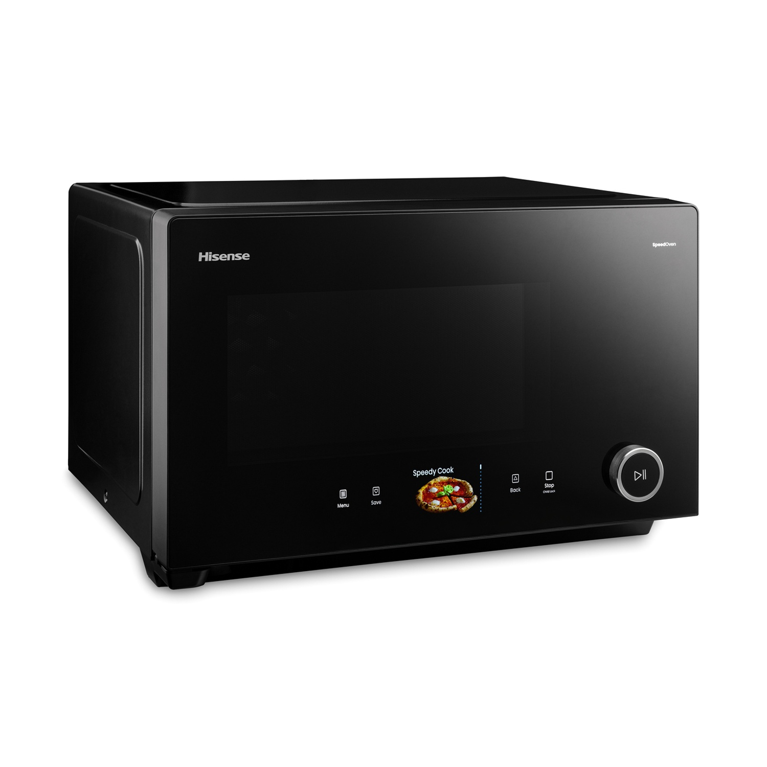 Un forno a microonde Hisense SpeedOven nero con display digitale che mostra 