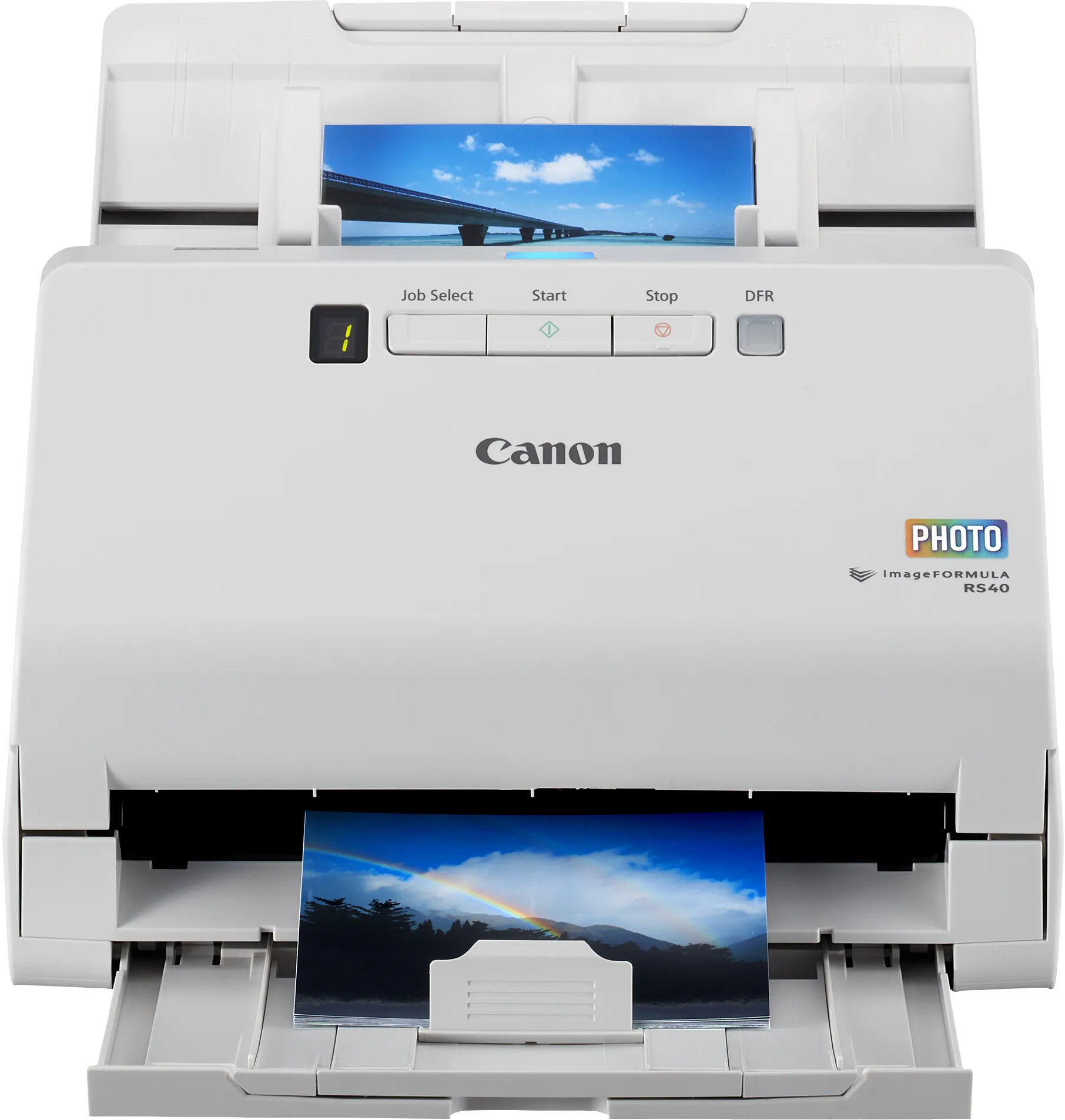 Uno scanner Canon bianco mostra due foto: un ponte e un arcobaleno.