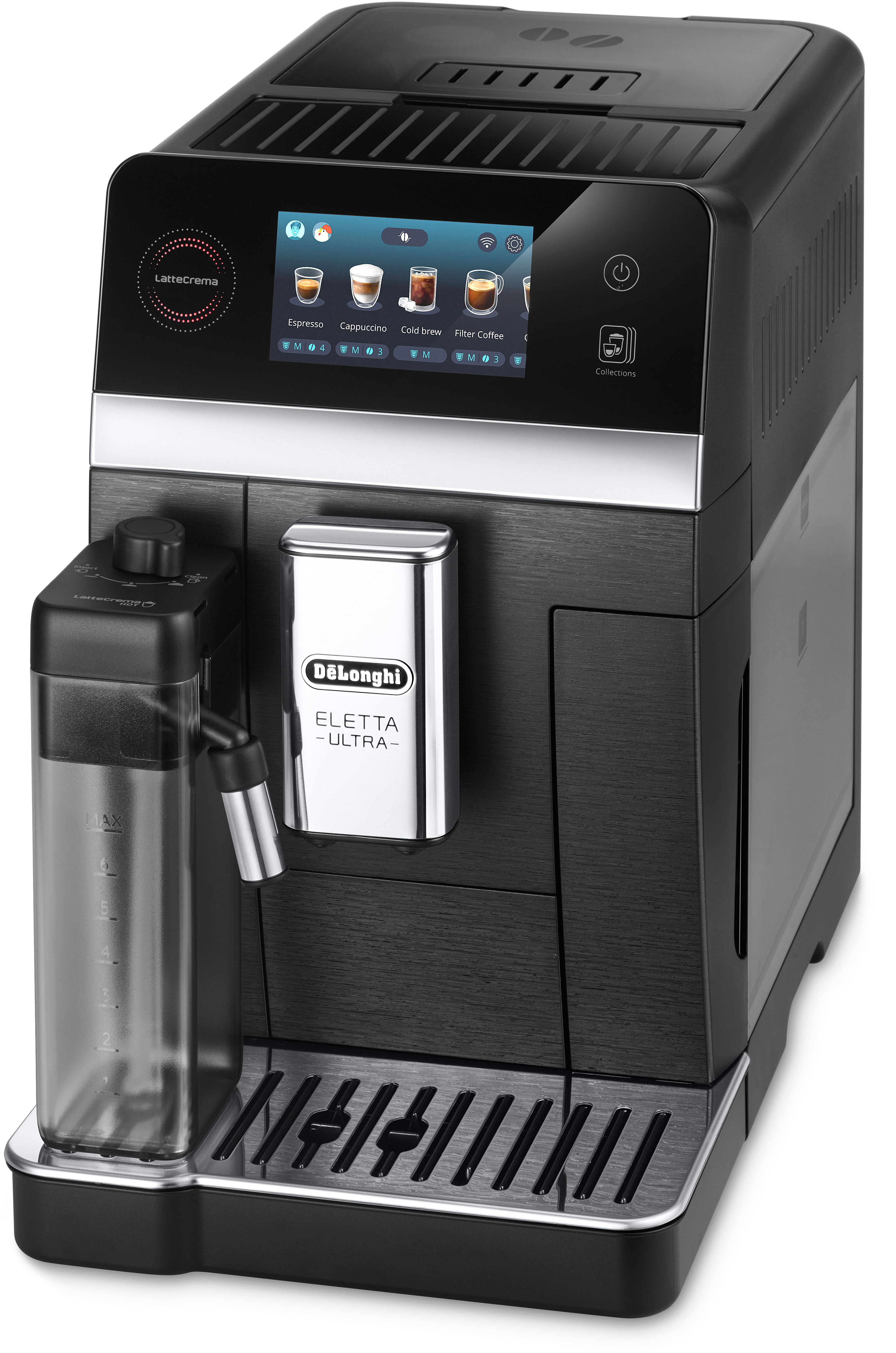 Une machine à café automatique DeLonghi Eletta Ultra noire avec écran tactile.
