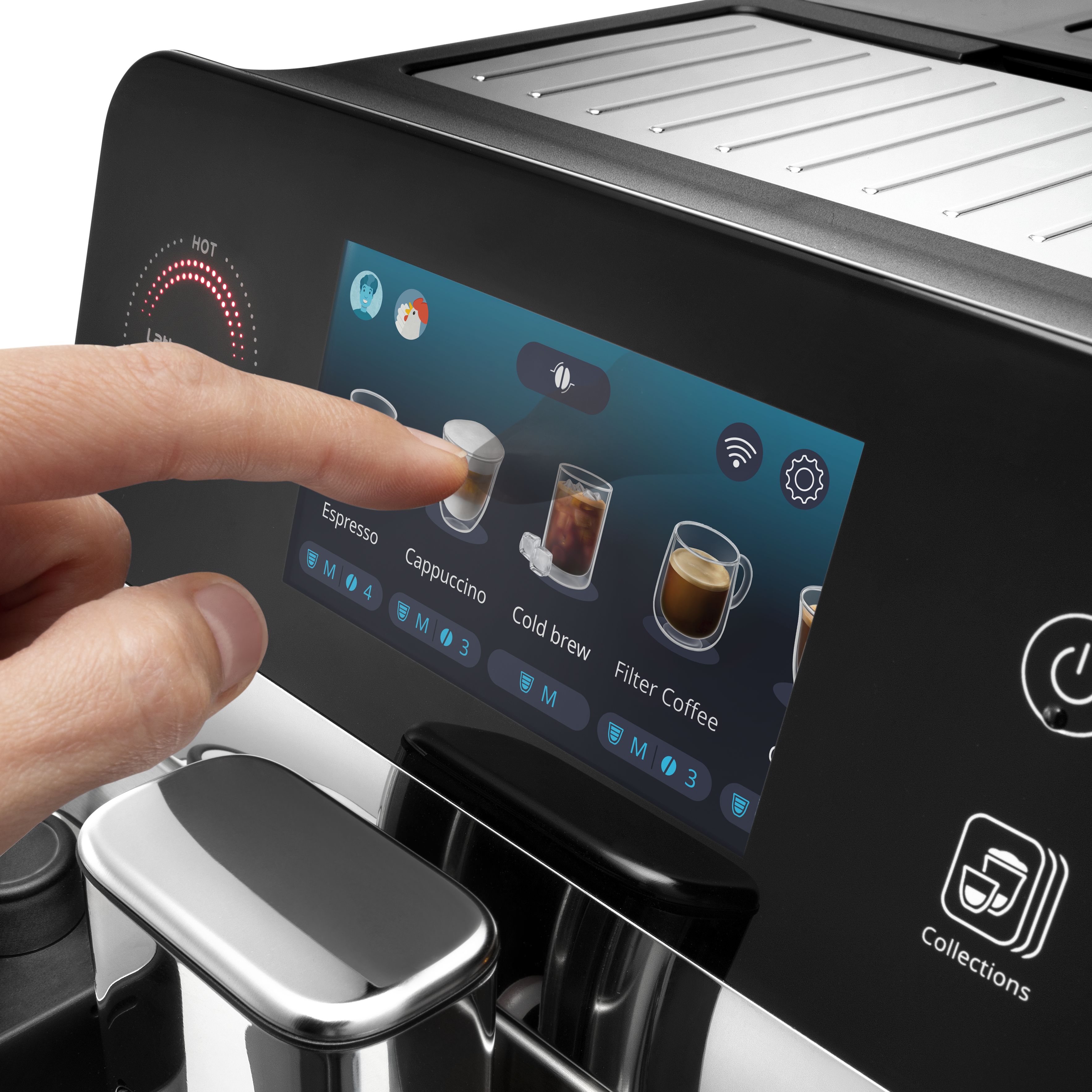 Un doigt touche l'écran d'une machine à café affichant des options de boisson.