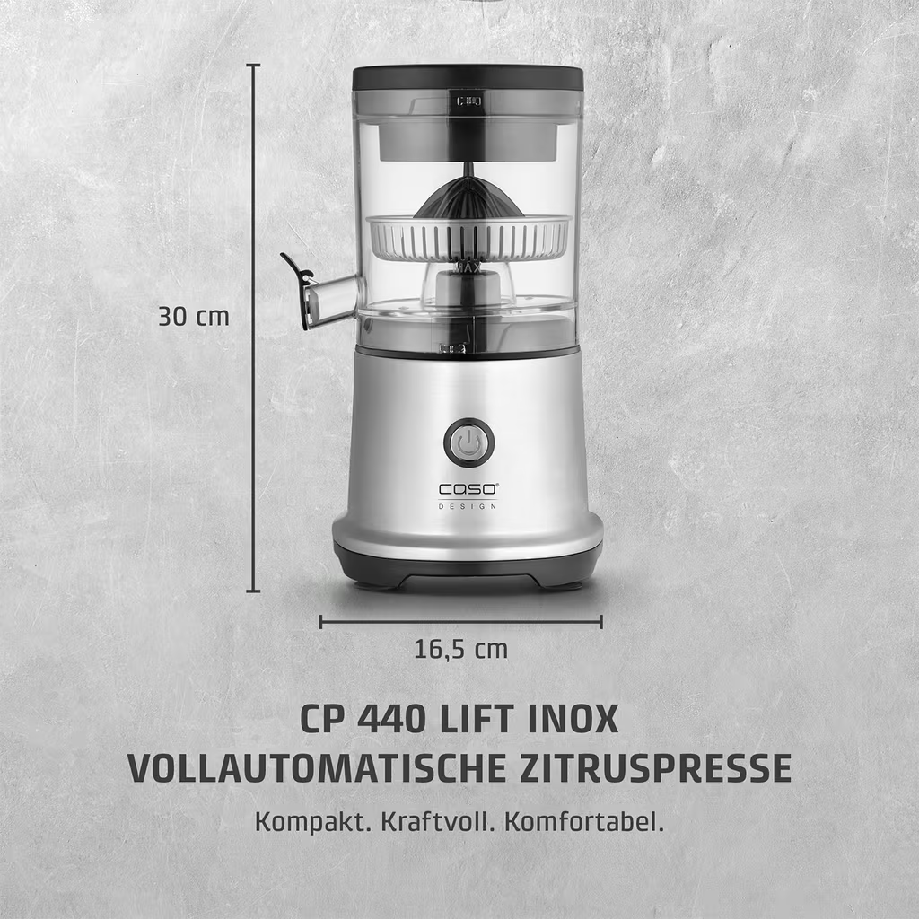 Silberne elektrische Zitruspresse, 30 cm hoch, 16,5 cm breit.