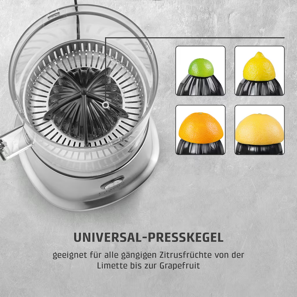 Elektrischer Zitruspresse mit Konus und vier Fruchtansichten: Limette, Zitrone, Orange, Grapefruit.