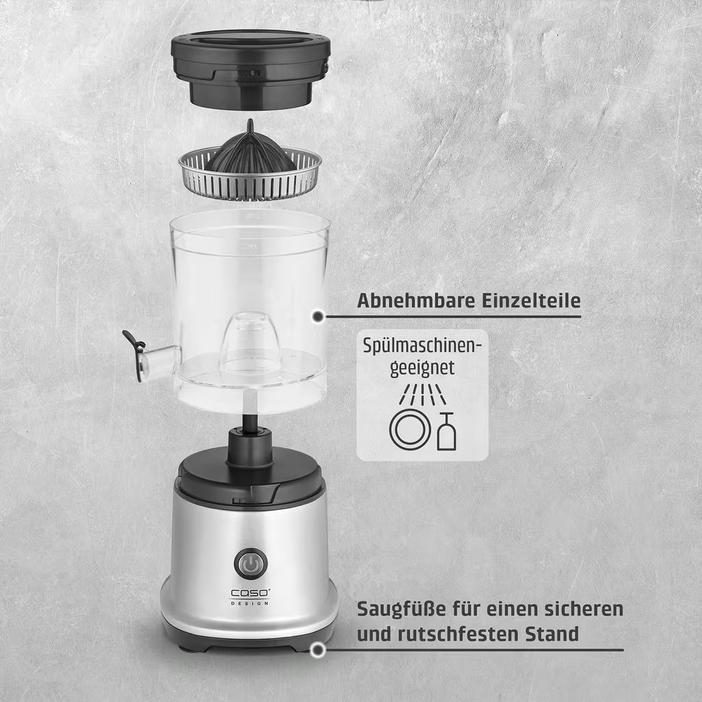 Einzelteile eines elektrischen Entsafters in Silber und Schwarz, auf grauem Hintergrund.