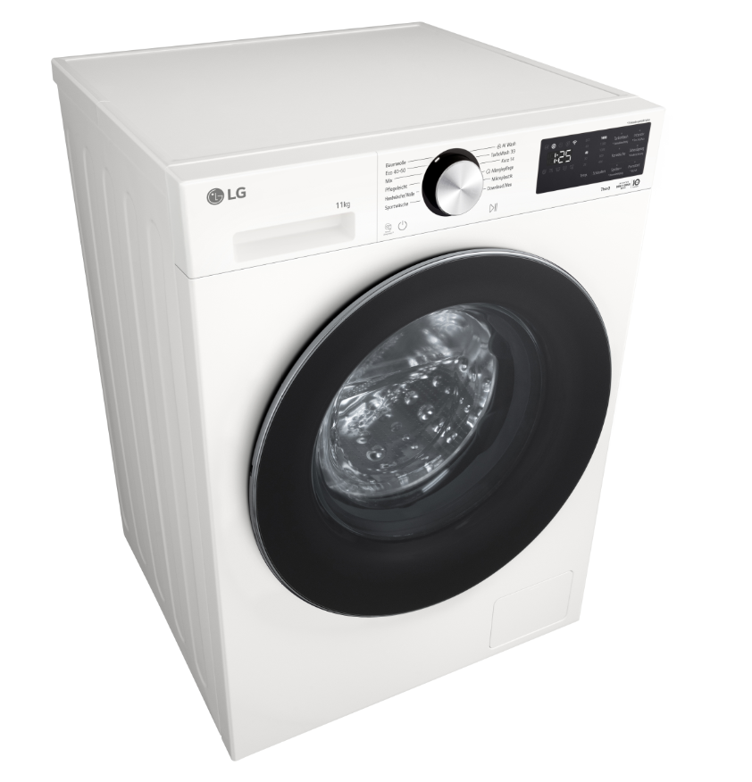 Siyah kapılı ve kontrol panelli beyaz bir LG çamaşır makinesi.