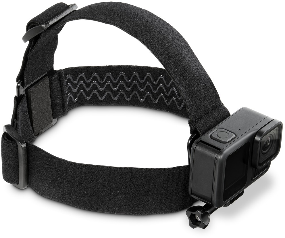 Egy fekete GoPro fejpánt kamera rögzítővel, fehér háttéren.