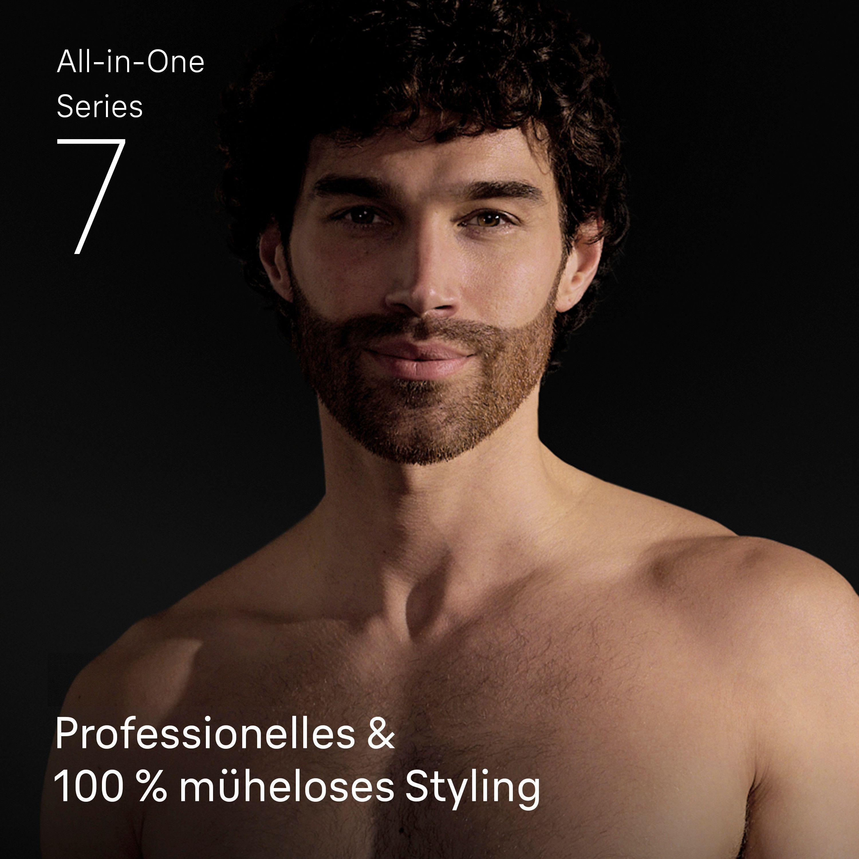 Mann mit dunklem lockigem Haar, Bart und Text 'All-in-One Series 7'.