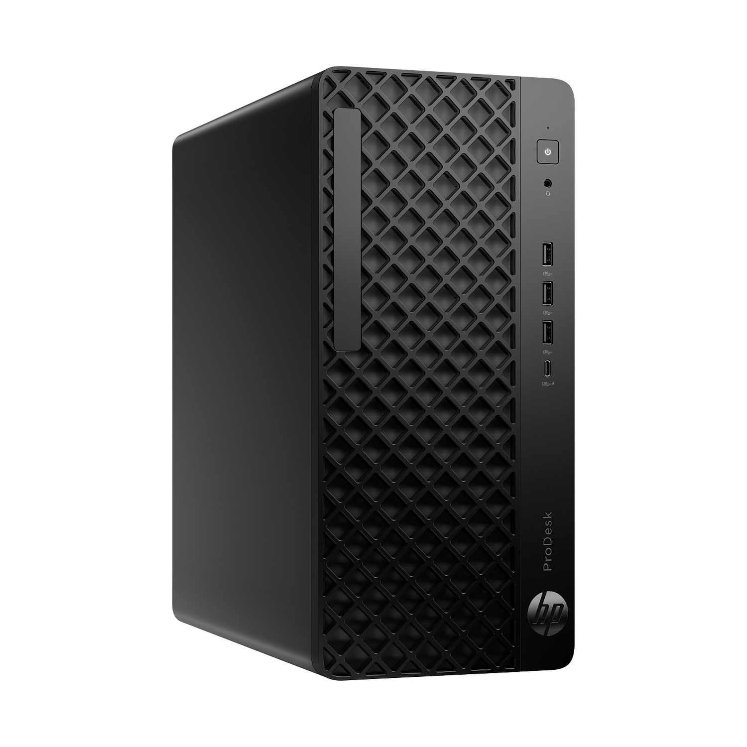 Computer nero HP ProDesk su sfondo bianco, con porte USB e pulsante di accensione.